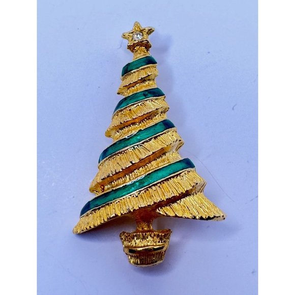 Christmas Tree Brooch Pin Vintage Jewelry Gold-Colored Green Stripes Ribbon Star - Picture 3 of 5